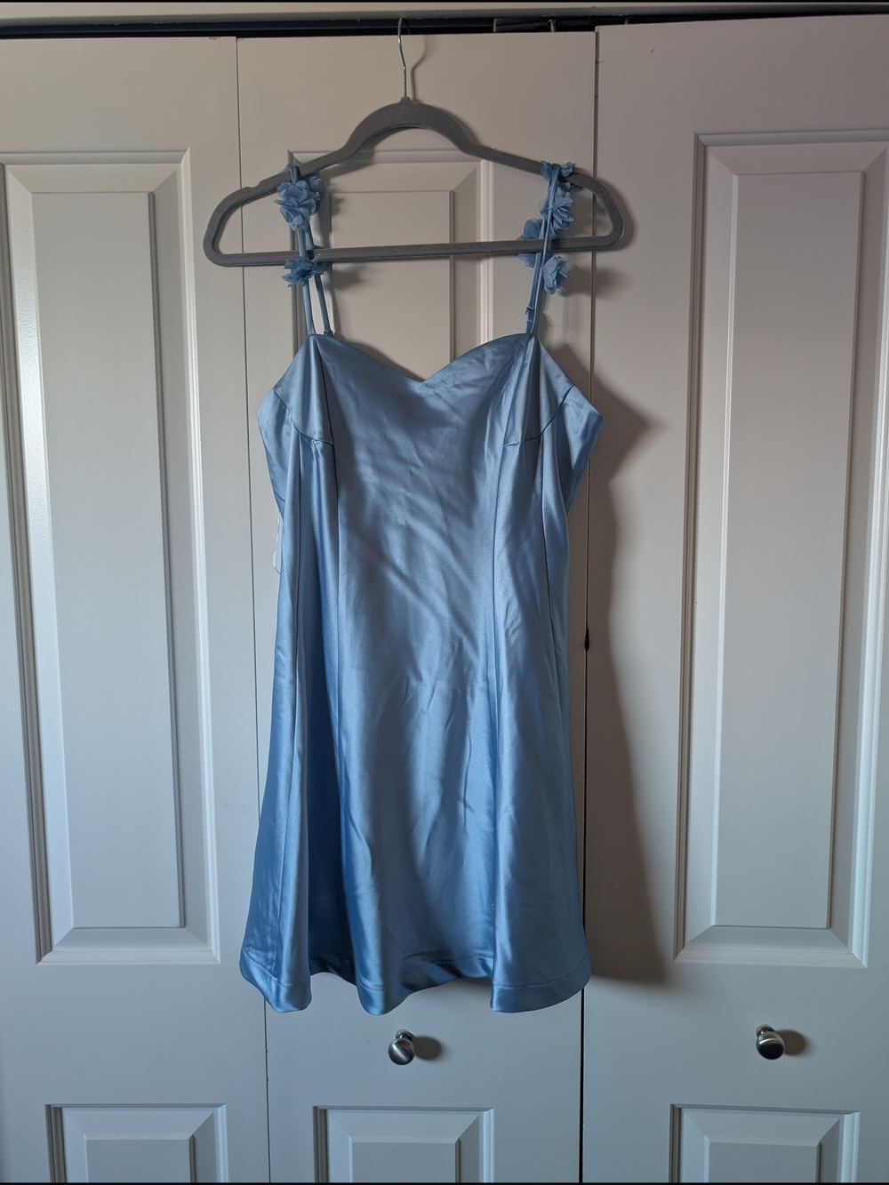 Light Blue Satin Dress with Floral Strap Detail